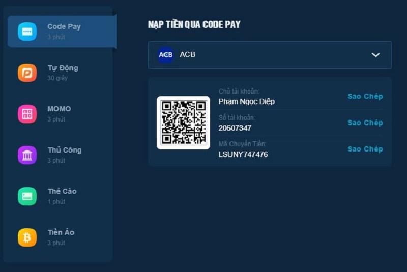 Nạp tiền vào tài khoản Lucky88 với Code Pay tiện lợi, an toàn